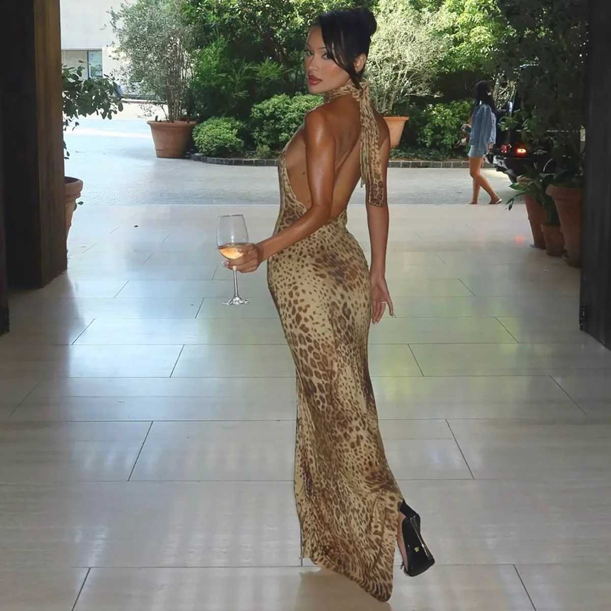 Cryptographic Fashion Halter Leopard Sexy Backless Maxi Dress Women Club Outfits Bandage Embellished Long Dresses Robe ClothesXJ250514