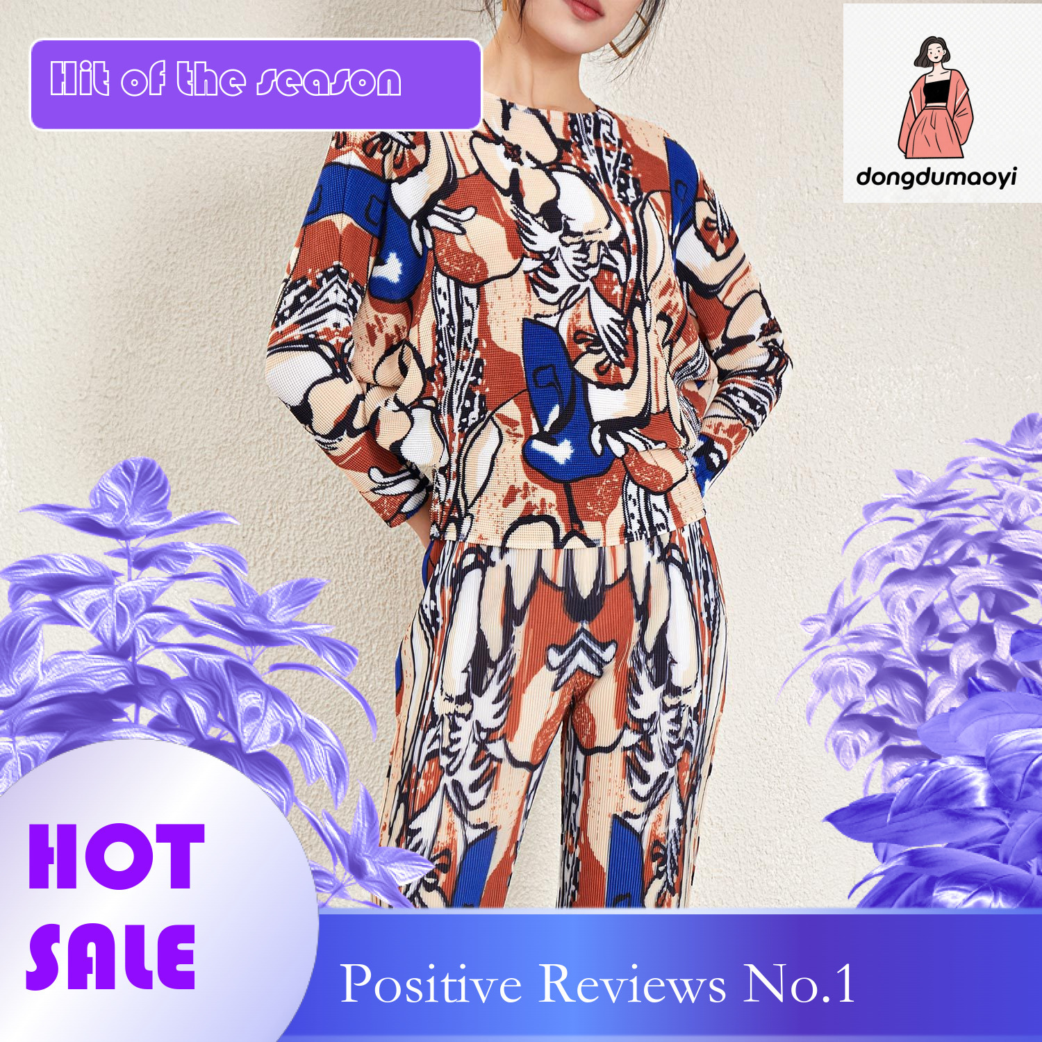 dongdumaoyi Advanced printed irregular round neck top for women in spring, slim fit, niche temperament, pleated base T-shirt