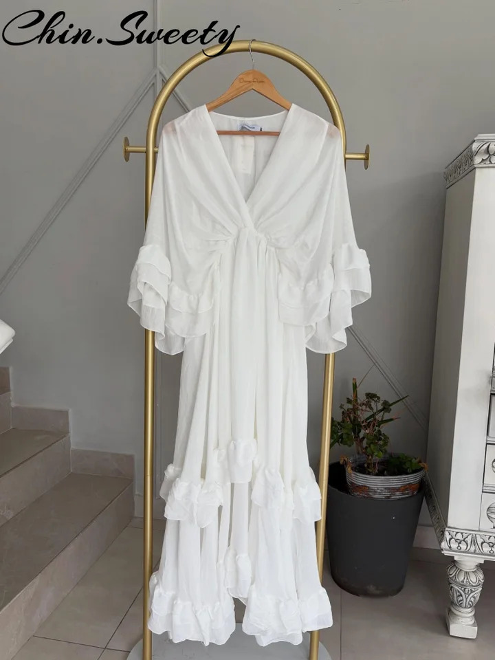 Casual Cascading Ruffle Women Dress Chic Patchwork Lace Up Half Flare Sleeve Oneck Female Dresses Summer Beach Lady Robe 250514