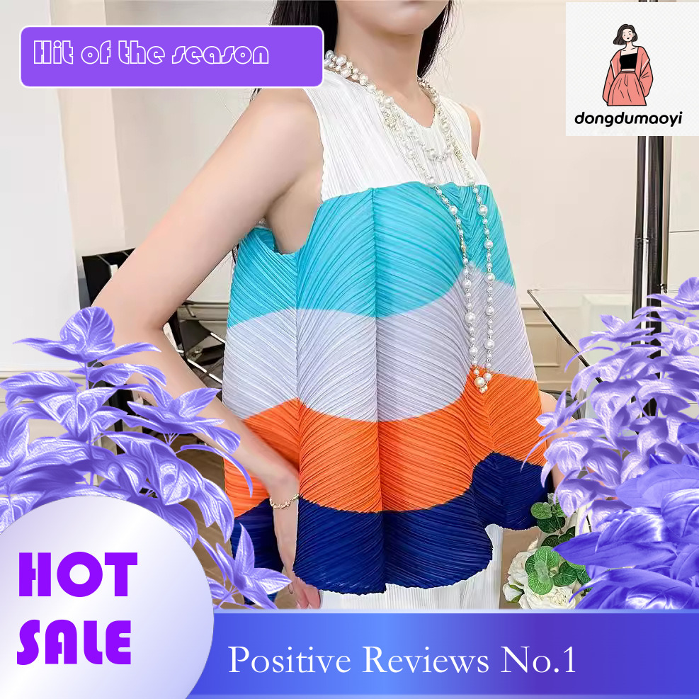 dongdumaoyi Folded mini top, summer new style, Miyake design, contrasting colors, flower buds, sleeveless t-shirt, ins trendy