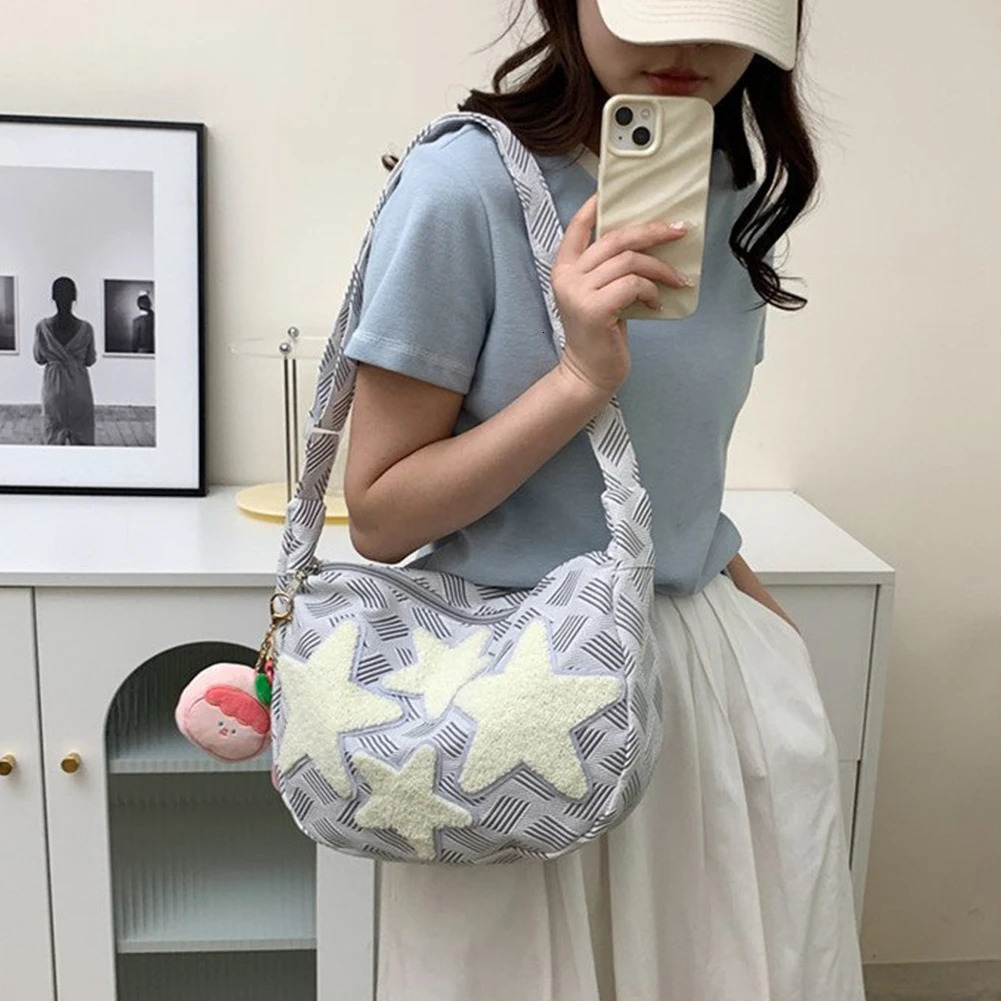 Women Kawaii Sling Bag Large Capacity Canvas Versatile Hobo Bags Star Applique Y2K Street Style School for Teens Students 250514