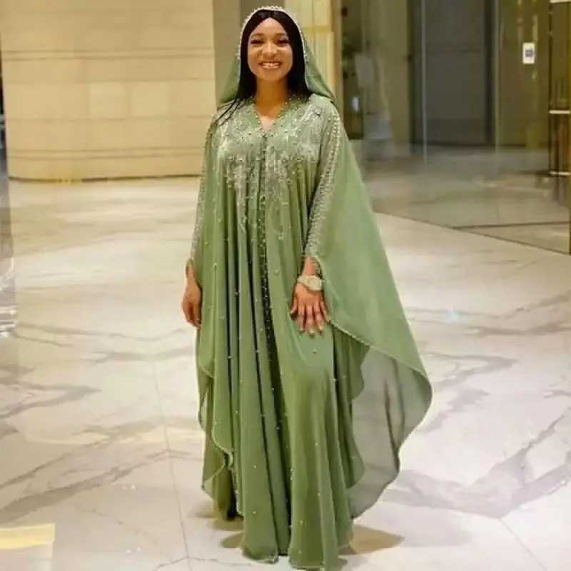 Fashion African Muslim Womens Bat Slves Loose Robe Evening Gown Kaftan Rhinestone Beaded Hooded Chiffon Maxi Dress X250514