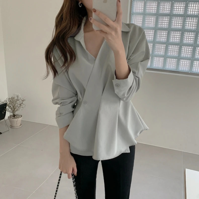 Spring Autumn Elegant Ruffles Womens Blouse Long Sleeve Solid Cross Vneck Buttons Korean Casual Shirts Female 250514