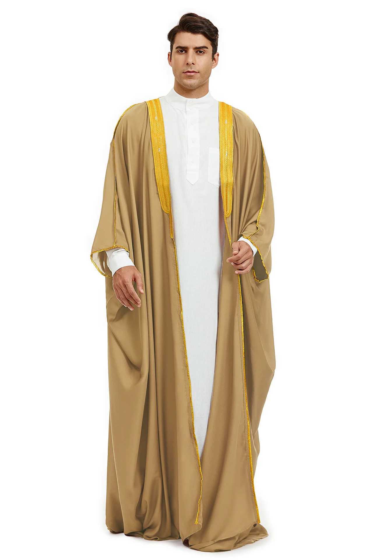 Men Bisht Abaya Modest Muslim Thobe Jubba Dress Satin Embroidery Kaftan Islamic Clothing Arab Robe Eid Prayer Cape Saudi Caftan X250514