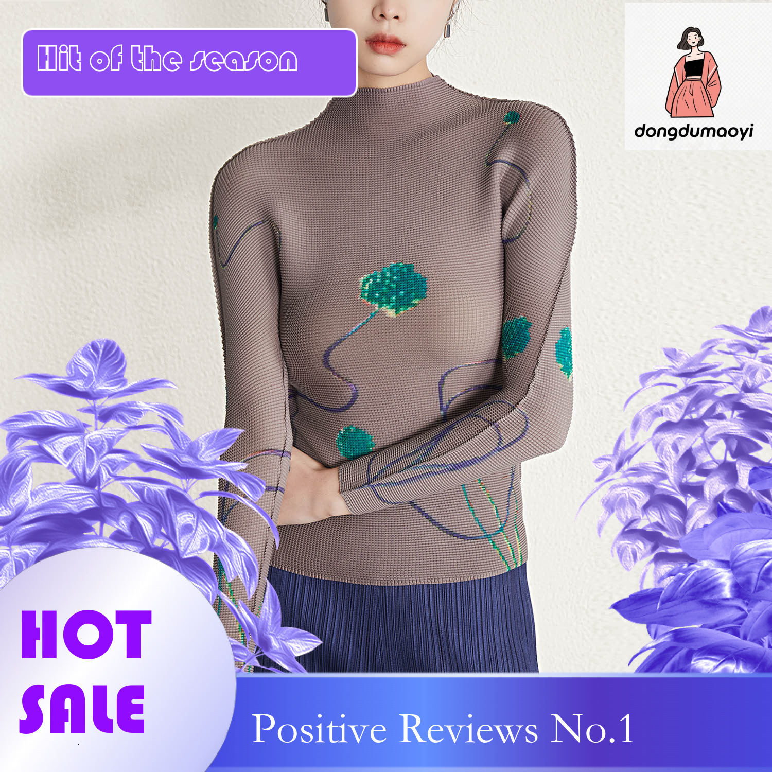 dongdumaoyi Autumn winter new design pleated printed long sleeved top T-shirt for women's three bedroom semi high neck slim fit and slimming base