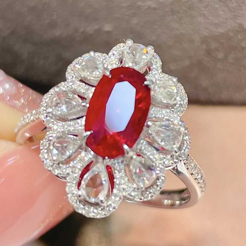Luxury Red Oval Gemstone Ring Fashion 925 Sterling Silver White Drops Full of Diamond Zircon High-end Banquet Party JewelryXJ250514