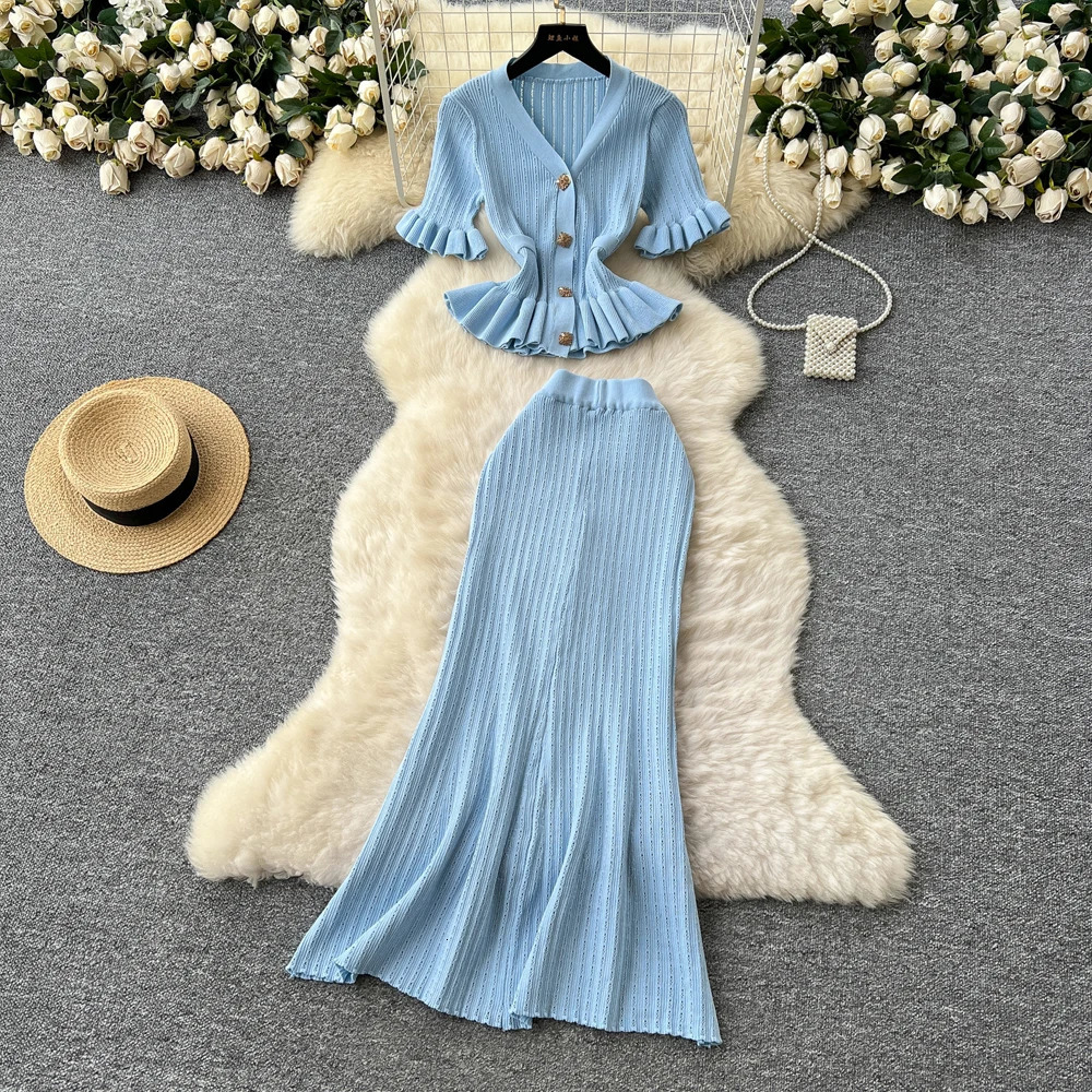 YuooMuoo Fashion Womens Two Piece Set Elegant Vneck Ruffled Knitted Tops and Wrapped Hips Long Skirts Clothes for Women 250514