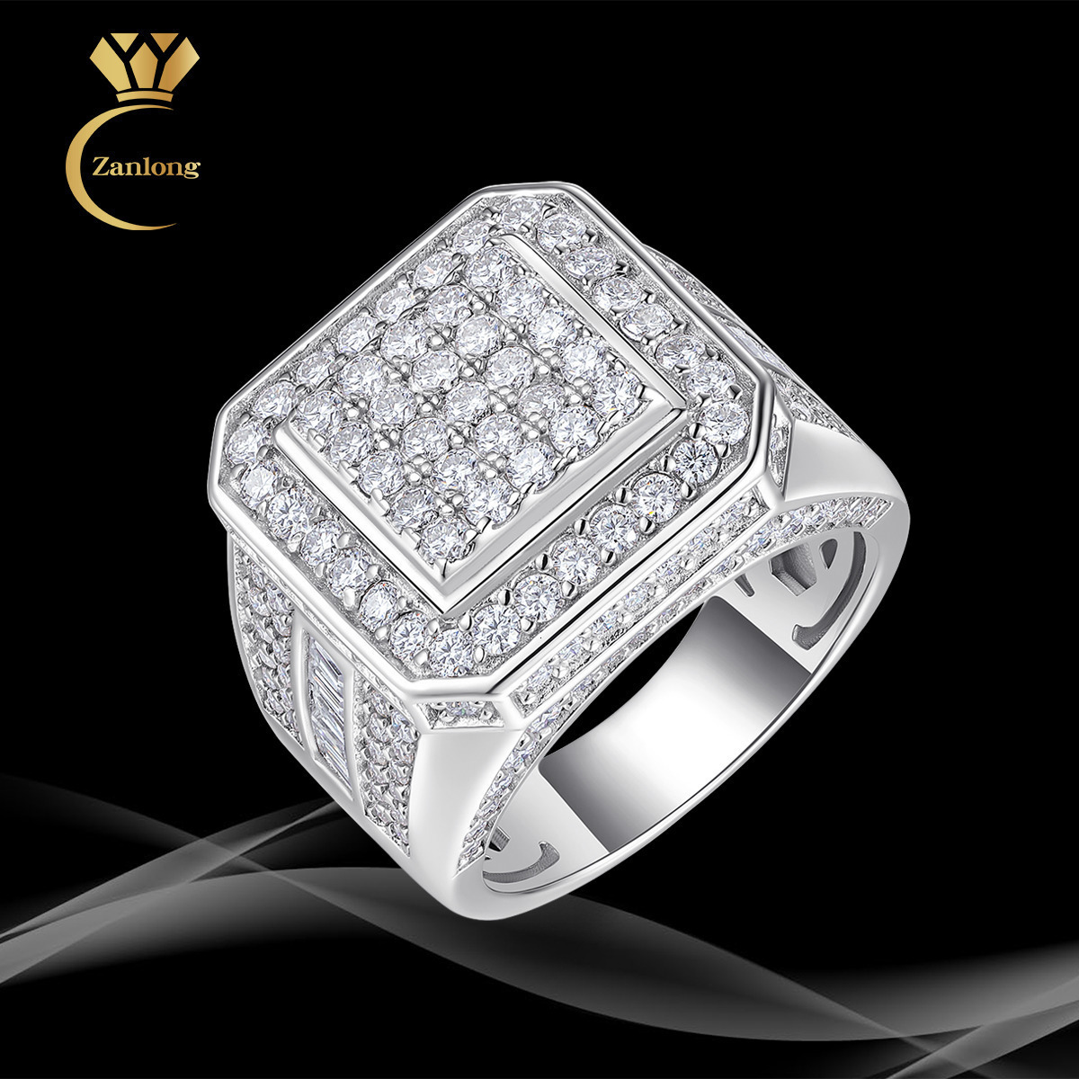Full Ice Out Square Moissanite Ring S925 Sterling Silver 18K Gold Plated Mens Hip Hop Jewelry