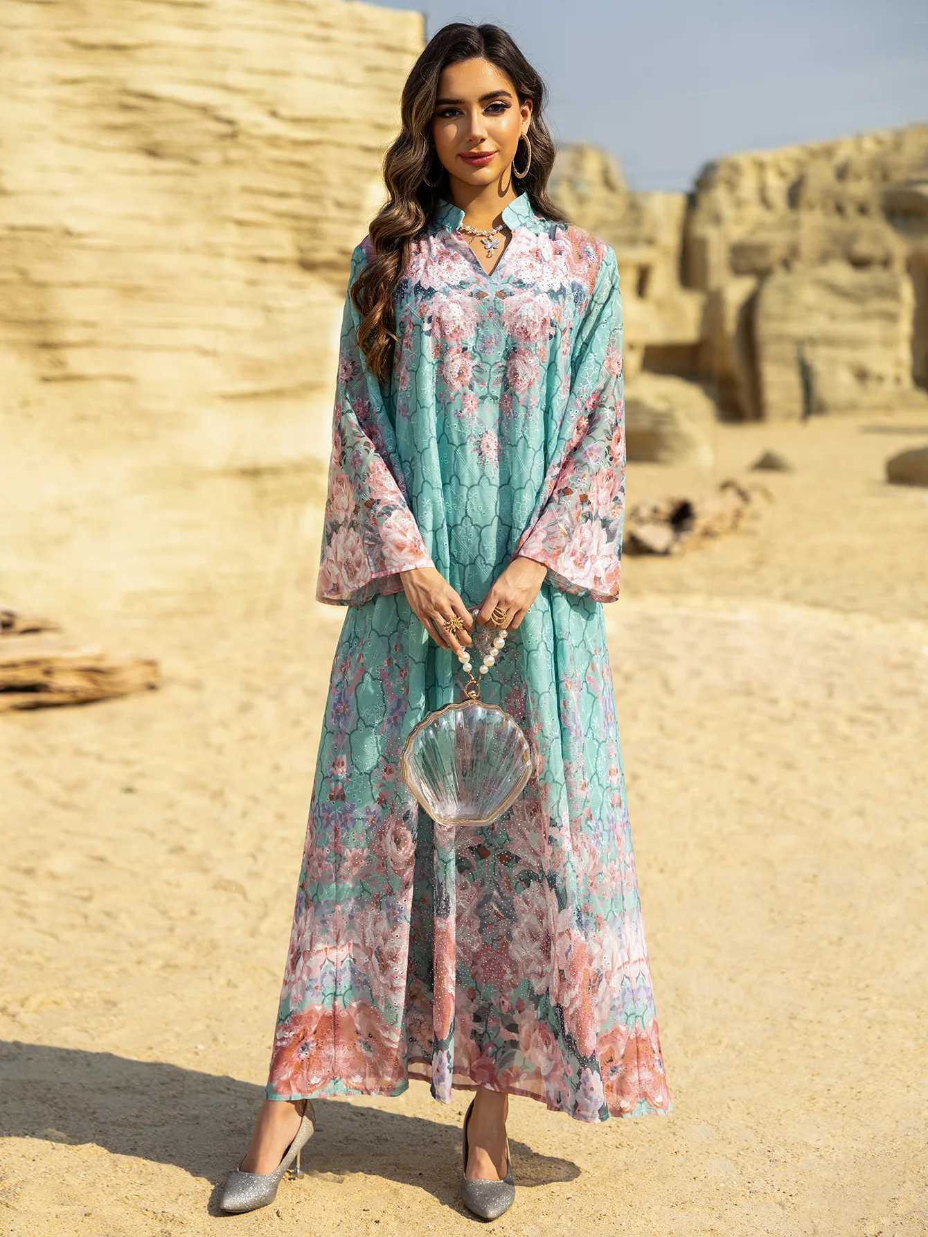 Eid Print Dress for Women Abaya Beading Party Long Dresses Muslim Caftan Robe Jalabiya Ramadan Morocco Dubai 2025 Vestido Largos X2505141