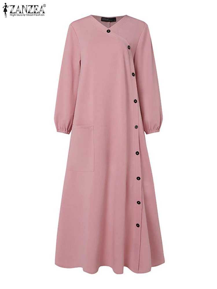 ZANZEA Muslim O Neck Long Dresses Buttons Casual Loose Long Slve Women 2024 A-line Vestidos Islamic Hijab Textured Abaya Robes X250514