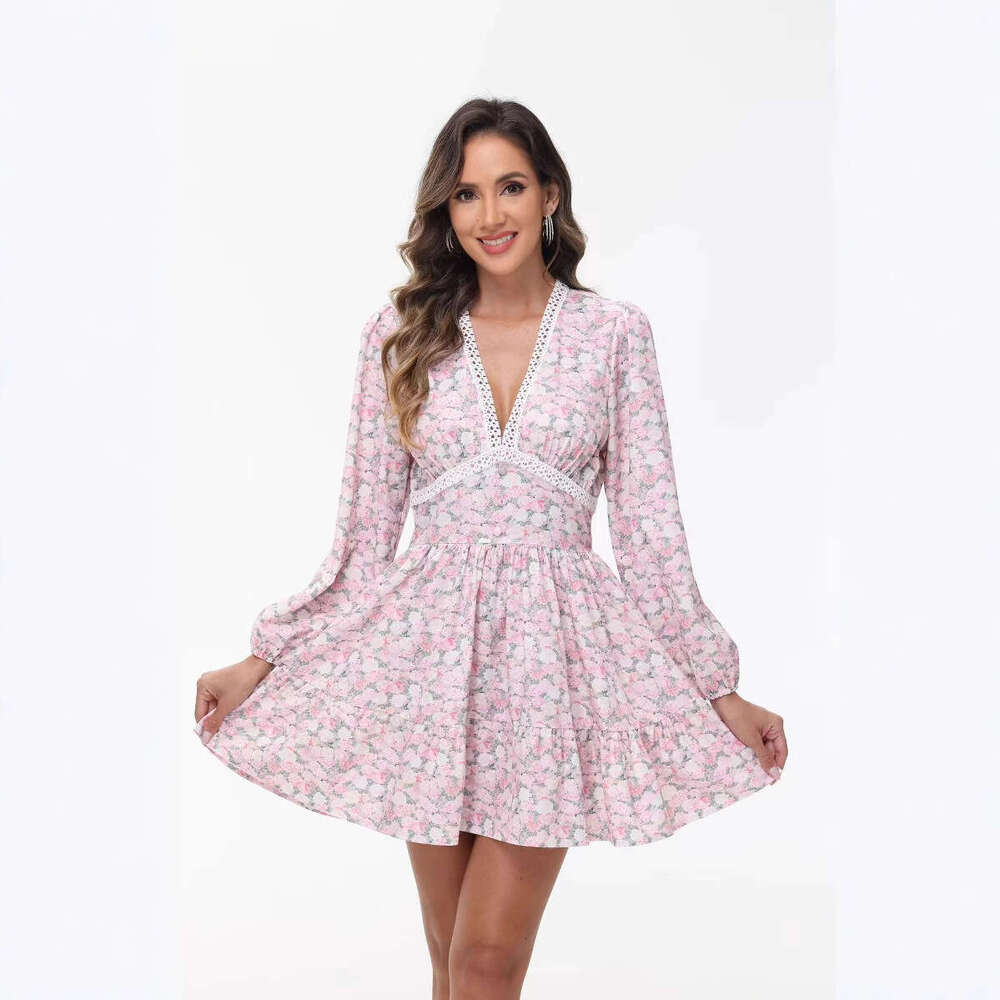 Women Clothes Dress Spring Women S New Style Sweet Printed V Neck Lace Short Dress KQ