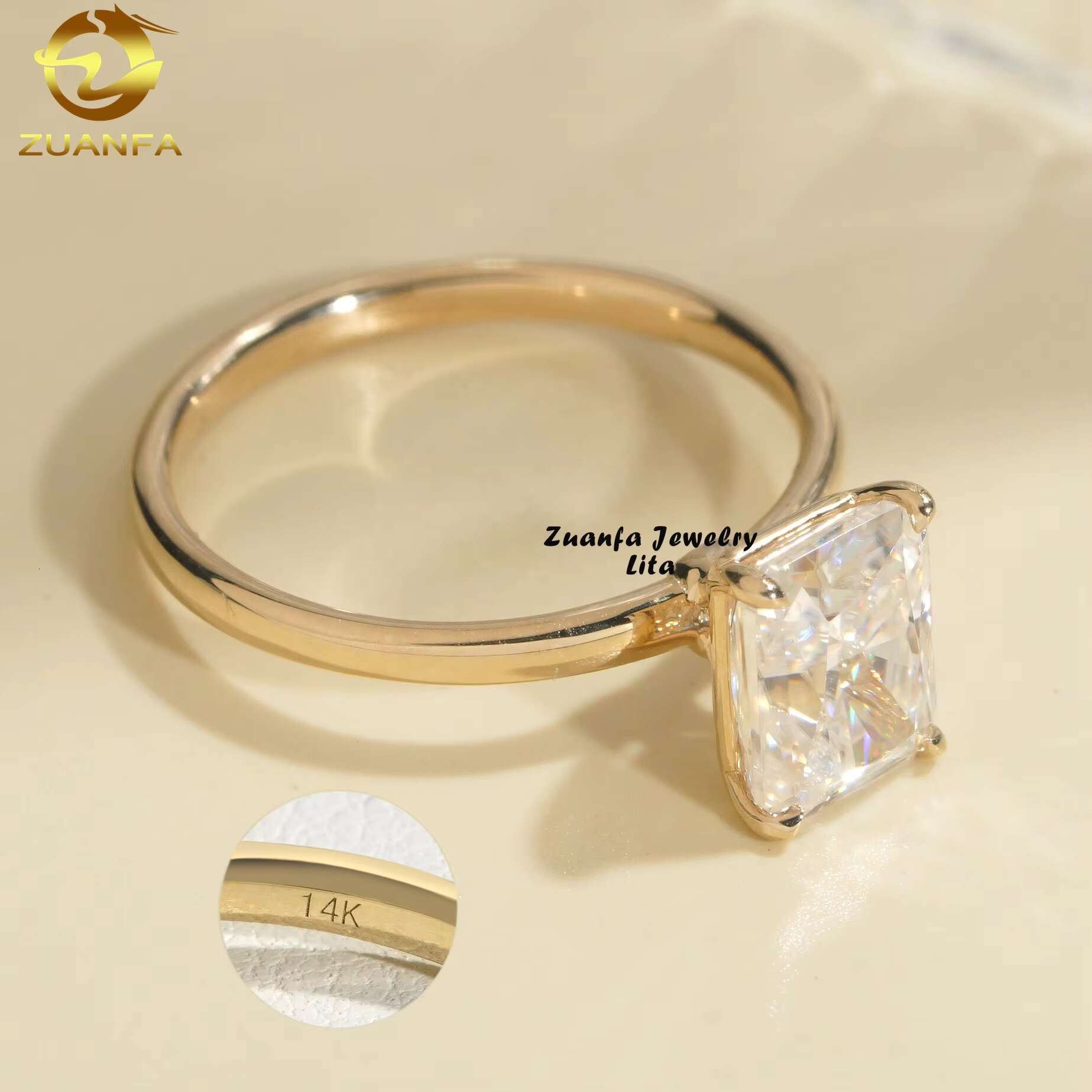 Fashion Luxury Romantic 14k Gold VVS Diamond 2ct Radiant Cut Moissanite Engagement Wedding Ring