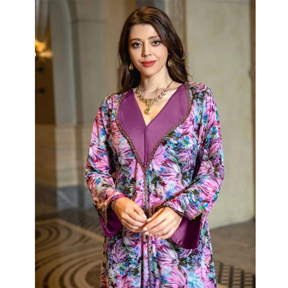 Modest Muslim Women Abaya Floral Print Satin Diamonds Maxi Dresses Kaftan Islamic Party Eid Ramadan Dubai Saudi Morocco Jalabiya X250514