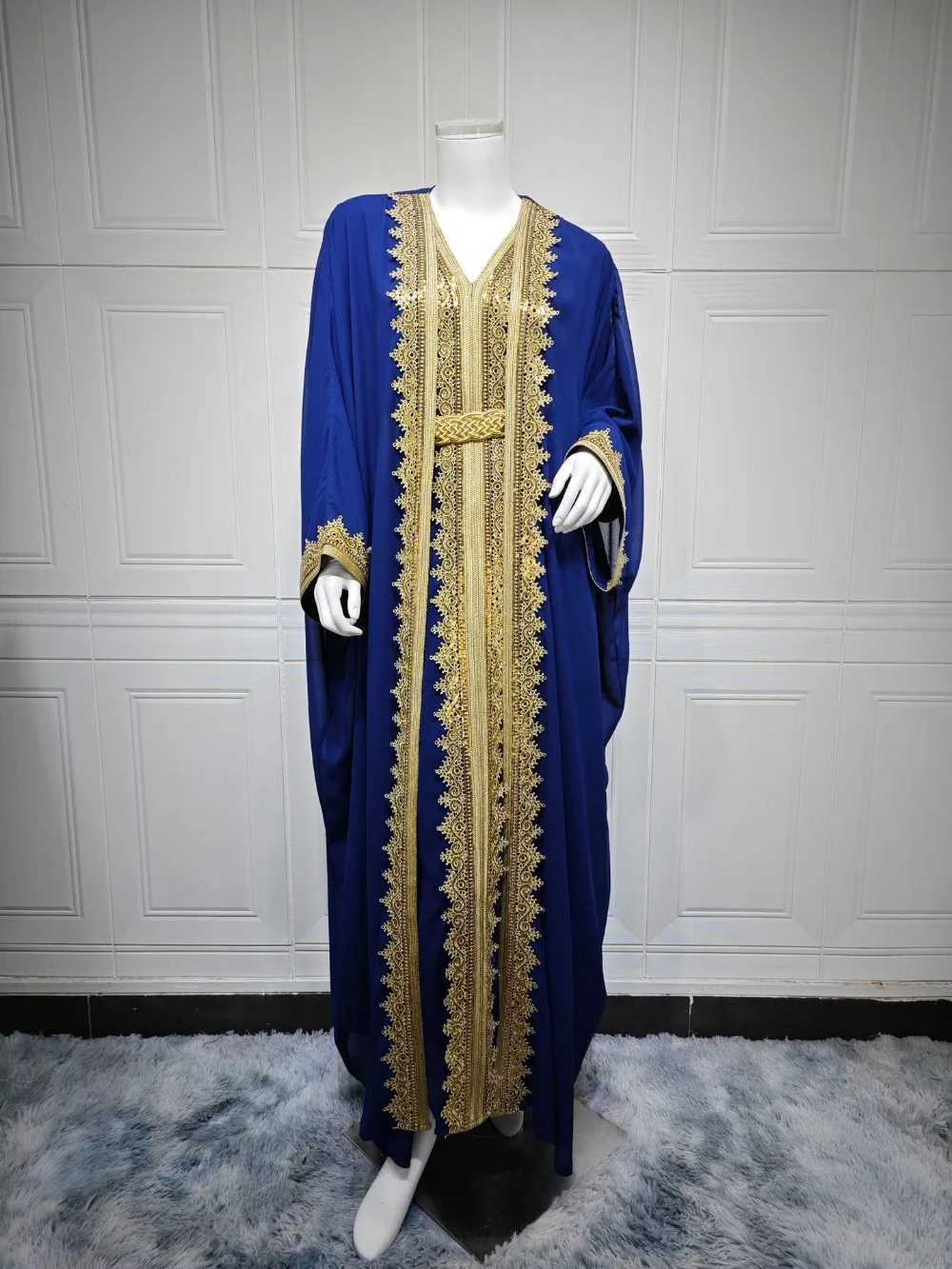 Eid Women Abaya Dress Muslim 2 Piece Set Cardigan with Inner Dress Lace-up Robe Caftan Robe Jalabiya Ramadan Morocco Kaftan 2025 X2505141