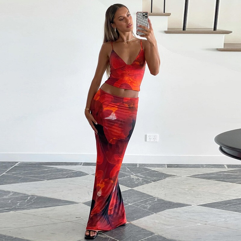 Womens 2024 Summer New Fashion Print Sexy V-neck Small Tank Top Slim Fit Skirt Set