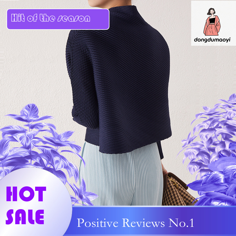 dongdumaoyi Miyake 2023 autumn winter new item slimming and stylish ins semi high neck pleated design solid color long sleeved T-shirt top for women