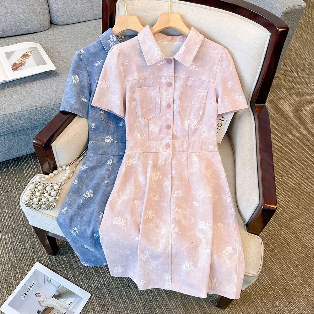 Summer Plus Size Women's Lapel Printed A-line Vintage Denim Loose Sweet Knee-length Skirt Commuter Daily big