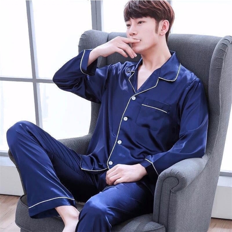 Mens sleepwear set mens winter long sleeved silk satin home plus size casual wear y250427