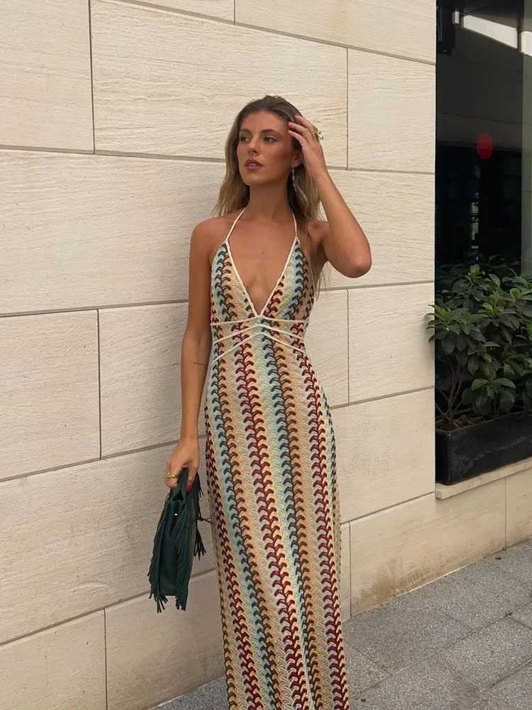 Sexy Printed Colorful Deep V-neck Crochet Maxi Dress Women Chic Sleeveless Backless Sling Slim Dress 2025 Lady Vacation RobesXJ250514