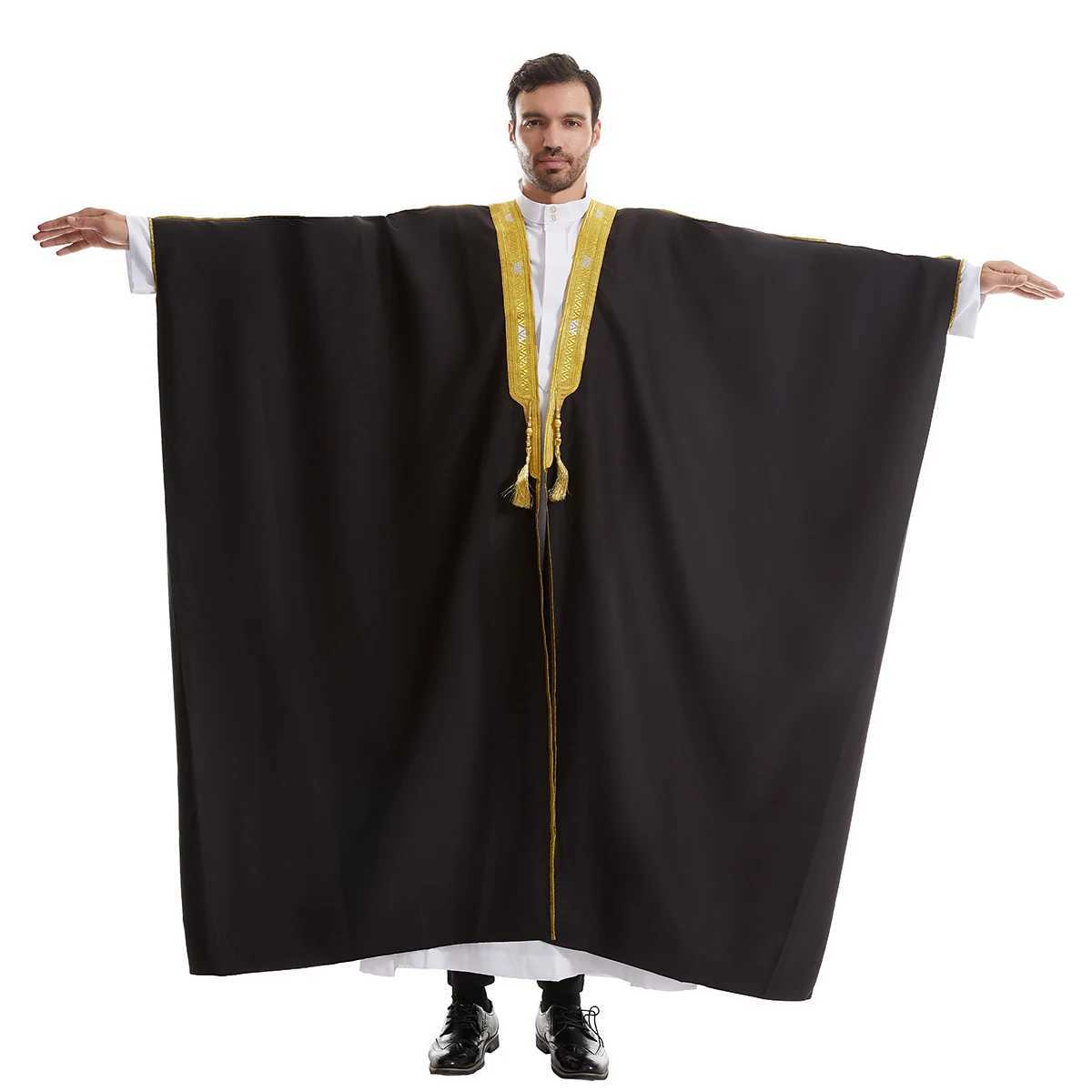 Muslim Men Long Sleeves PureColor Tassel Embroidery Cardigan Robe Arab Male Adult Ankle Length Bisht Thobe Ramadan Eid Clothes X250514