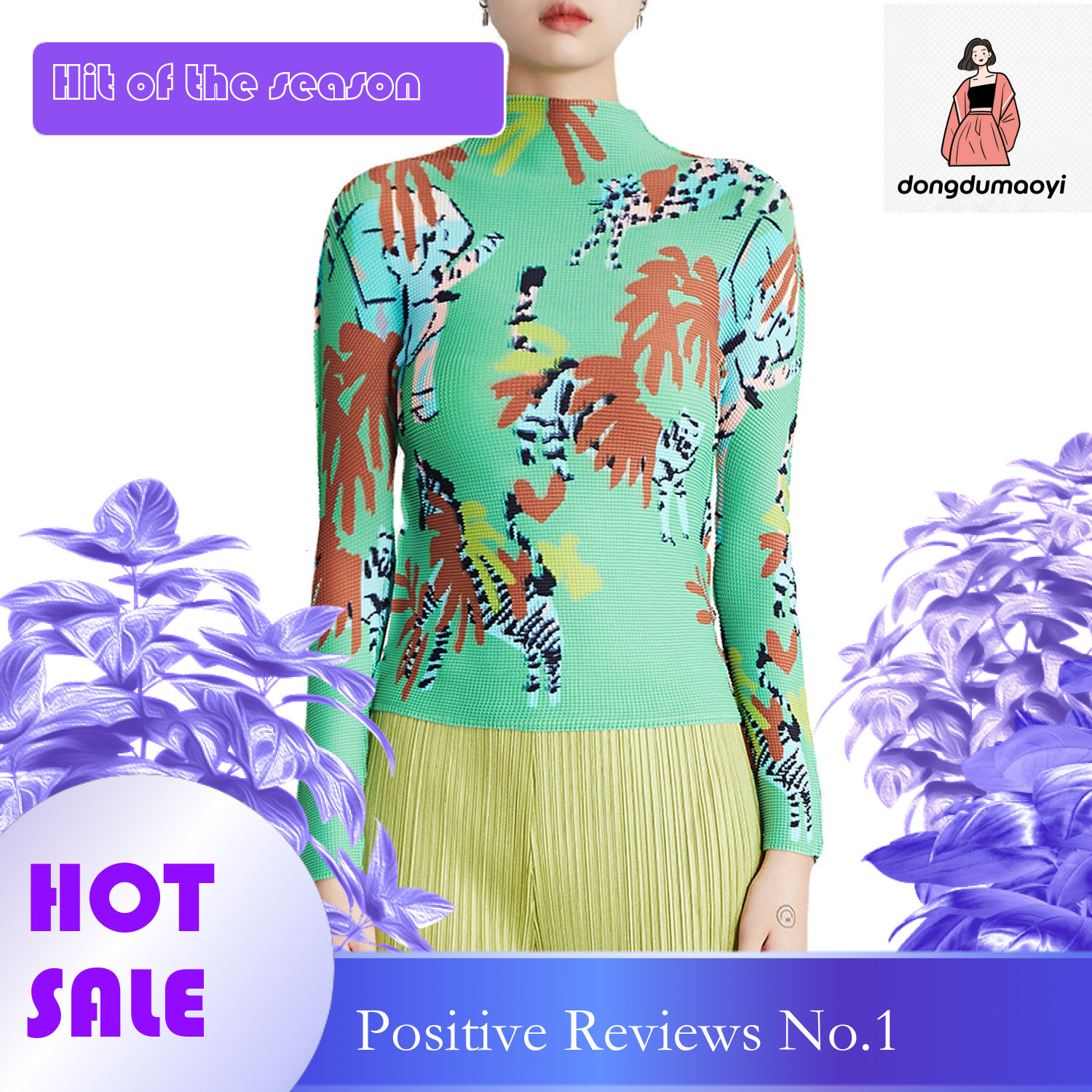 dongdumaoyi Wrinkled semi high neck long sleeved top for spring, new basic graffiti print style, elastic oversized slim fit T-shirt