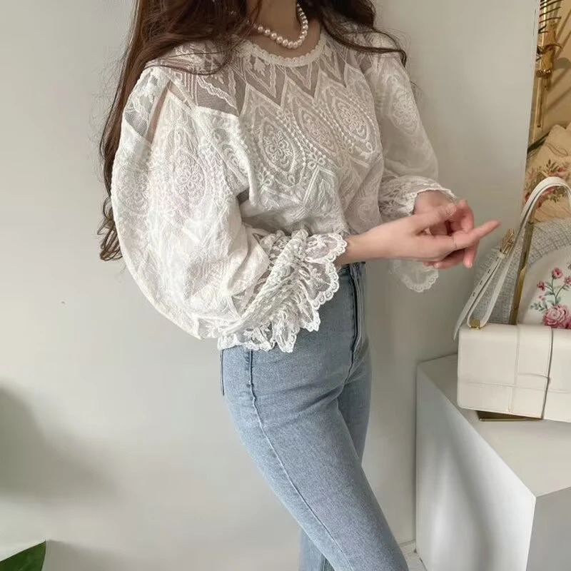 REALEFT Spring Summer Hollow Out Lace Crochet Womens Blouses Solid Long Sleeve Oneck Casual Shirts Top for 250514