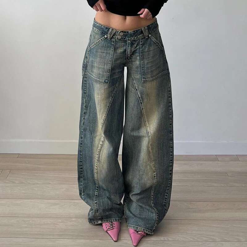 Vintage Washed Loose Fit Jeans Casual Denim Pants For Women Streetwear Pockets Straight Trousers Summer Bottom Clothing