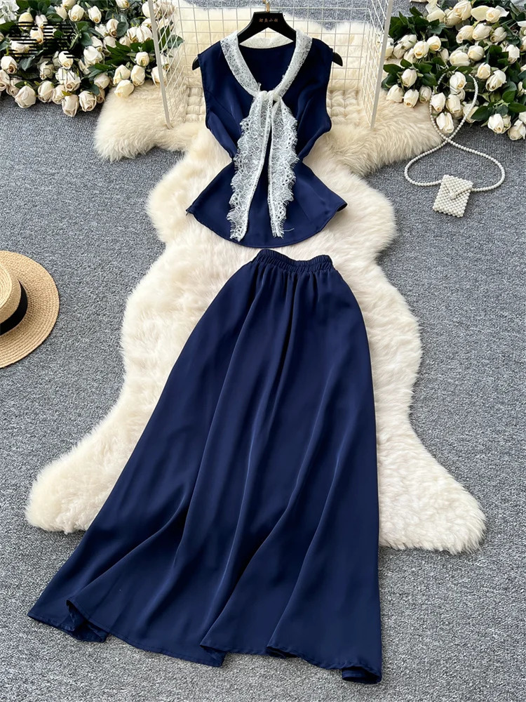 SINGREINY Elegant Summer French Two Piece Set Women Sleeveless Lace Tie n TopsLong Skirt Senior Fashion Vacation Suits 250514