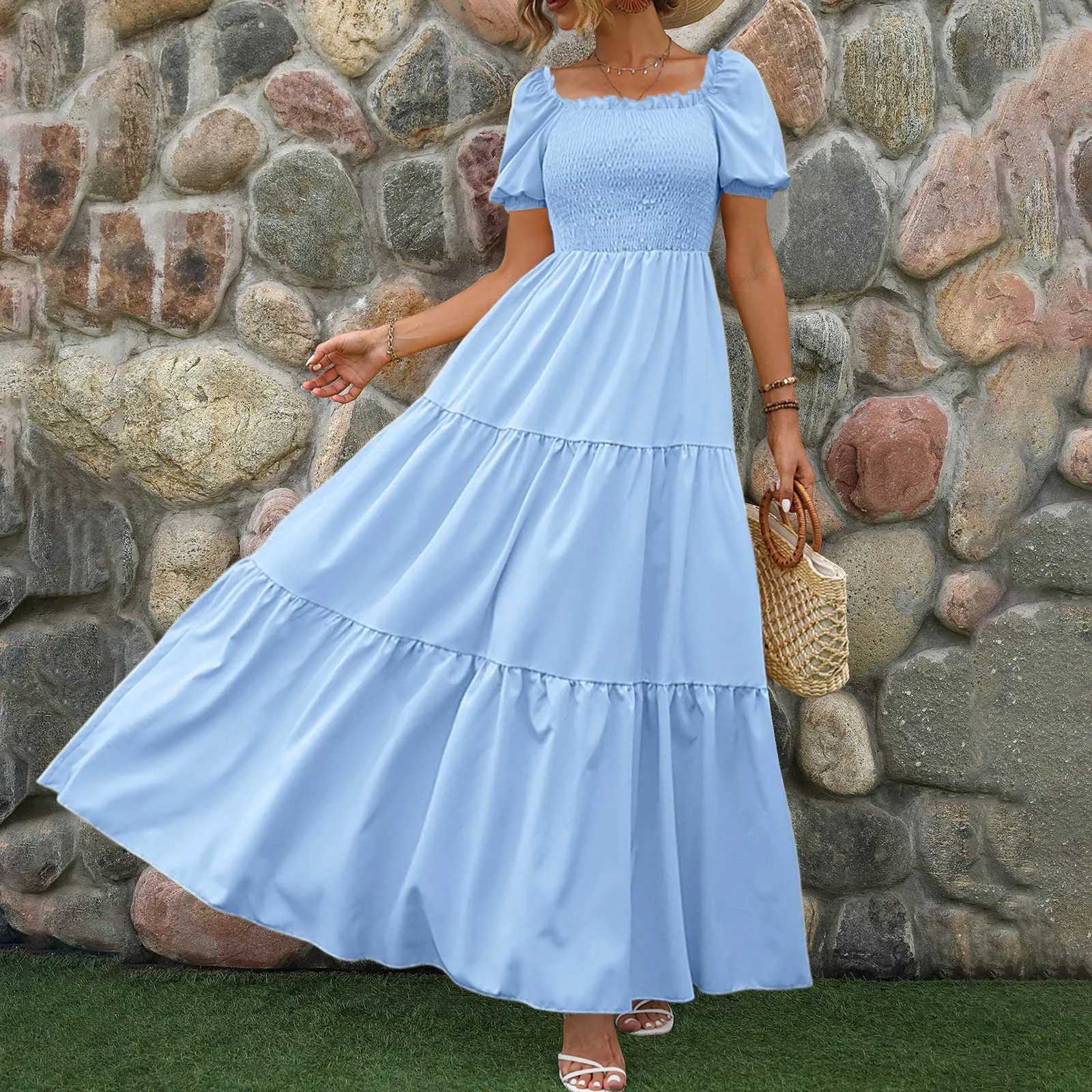 Female Dresses Outfits Womens 2024 Floral Boho Dress Wrap Crew Neck Short Sleeve Belted Ruffle Hem A Line Flowy Clothing For WomenXJ250514