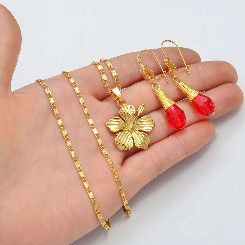 Anniyo Hawaiian Hibiscus Flower Sets Colorful Beads Pendant Necklaces Earrings Accessories Guam Micronesia Jewelry #259706