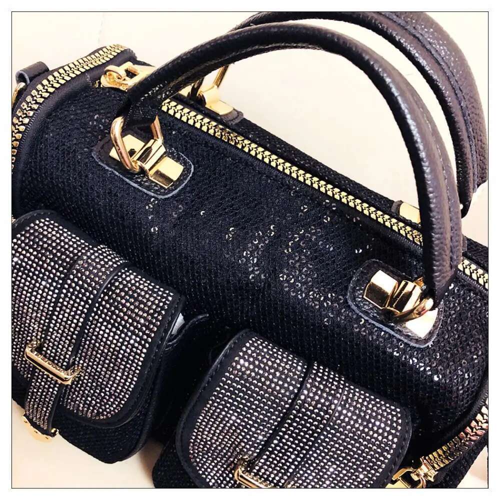 Female Fashion Mesh Netting Dias Multi-Pockets Messenger 2025 Women Trends Shiny Rhinestone Boston Satchel Shoulder Bag