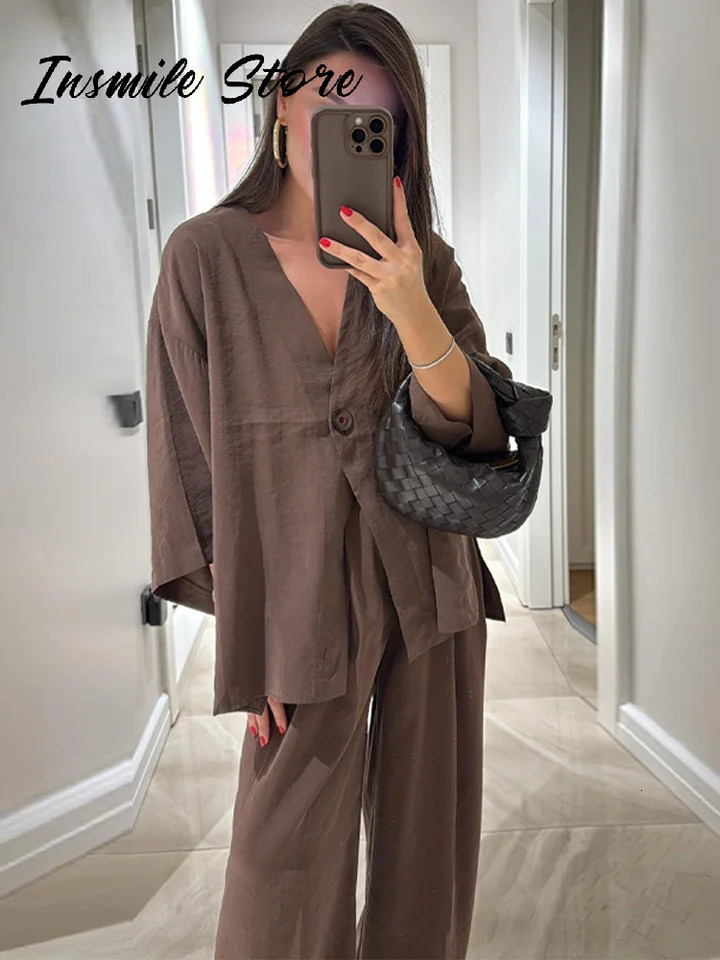 Casual Solid Women Pants Suits V-neck Single Buttons Loose Top Wide Leg Trousers 2025 Spring Summer Fashion Female Sets 250513