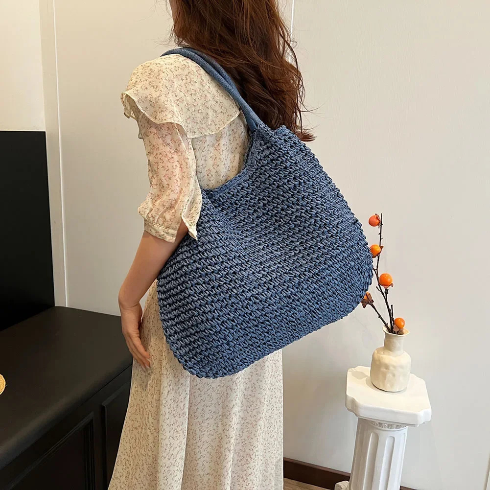 Women Straw Tote Handbag Large Capacity Vintage Shoulder Bag Solid Color Crochet Beach Ladies Summer Daily 250514