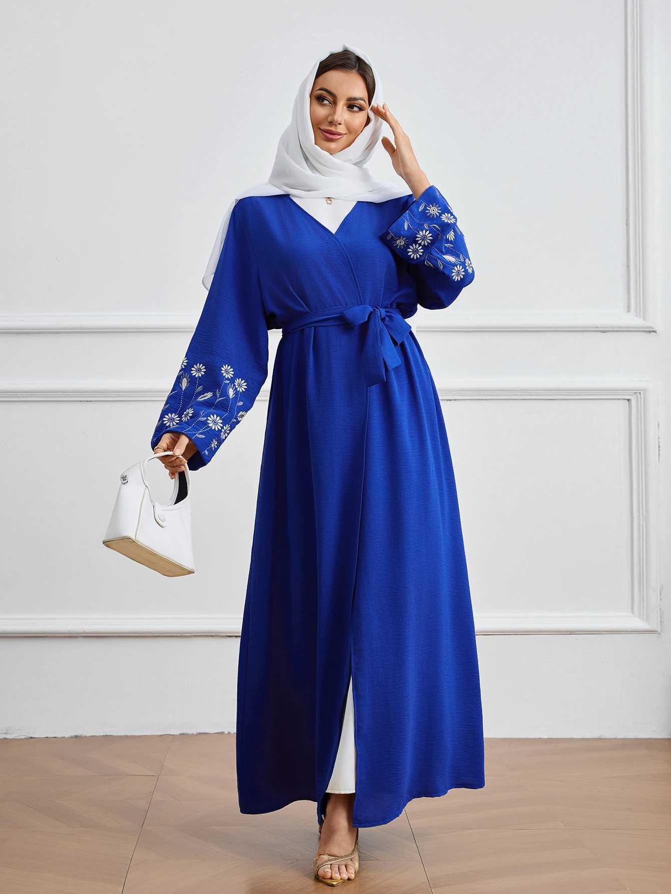 Elegant Blue Abaya Dress with Exquisite Floral Embroidery Modest Fashion Womens Long Gown for Party Ramandan Occasions X250514