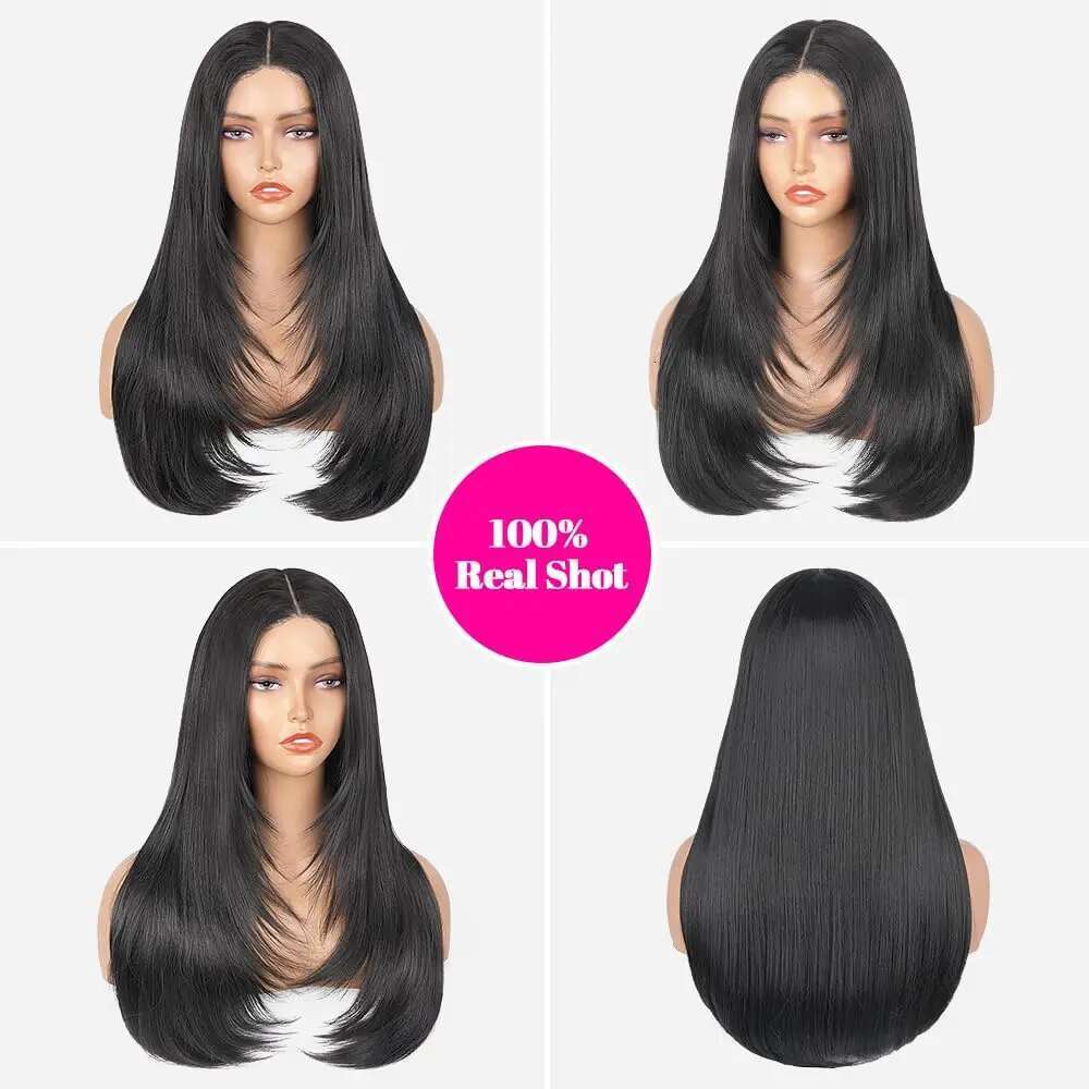 Layered Cut Straight Preplucked Wear Go Glueless 13X4 Lace Front Wigs For Women Butterfly Haircut Synthetic Hair Wig