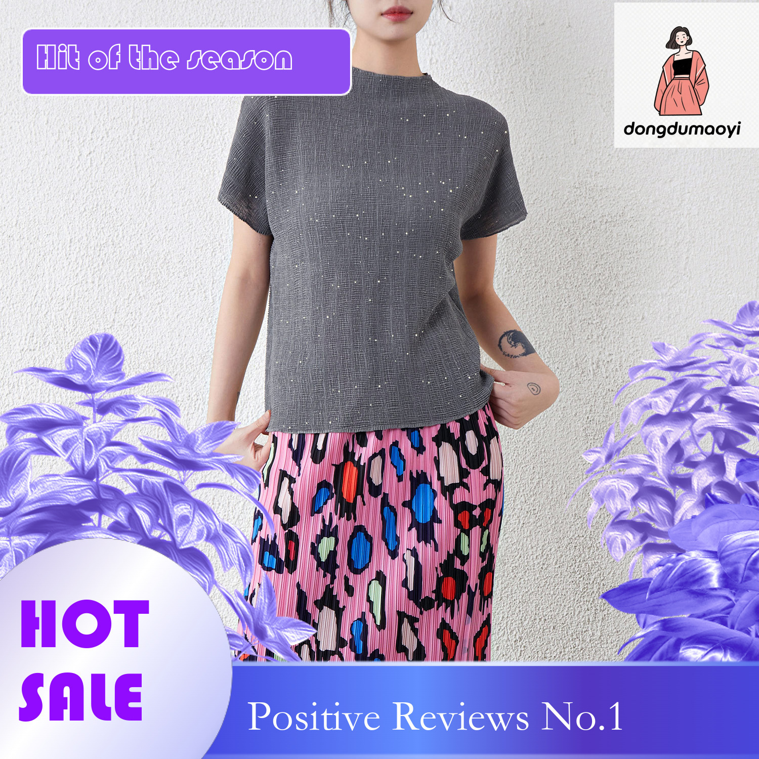 dongdumaoyi Starry fashion temperament, heavy industry hot stamping top, women's summer new versatile short sleeved half neck pleated T-shirt
