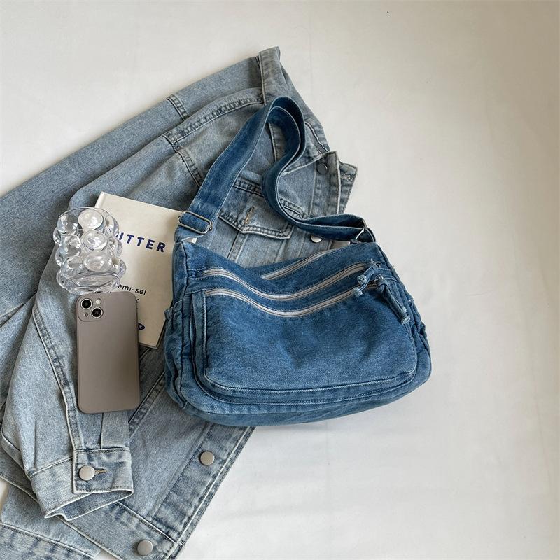 Lazy denim shoulder Harajuku style canvas bag, women's 2024 new large capacity simple crossbody bag