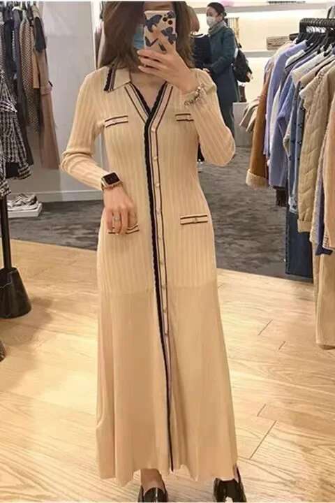 summer women's knitted V-neck long-sleeved French brand elegant party dress women