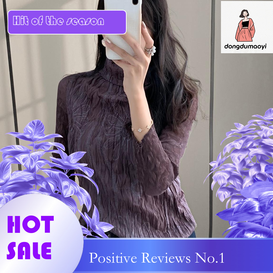 dongdumaoyi Frech high-ed embroidered base shirt, Miyake autum ad witer plus size wome's clothig, coverig the belly to show off weight, pleated T