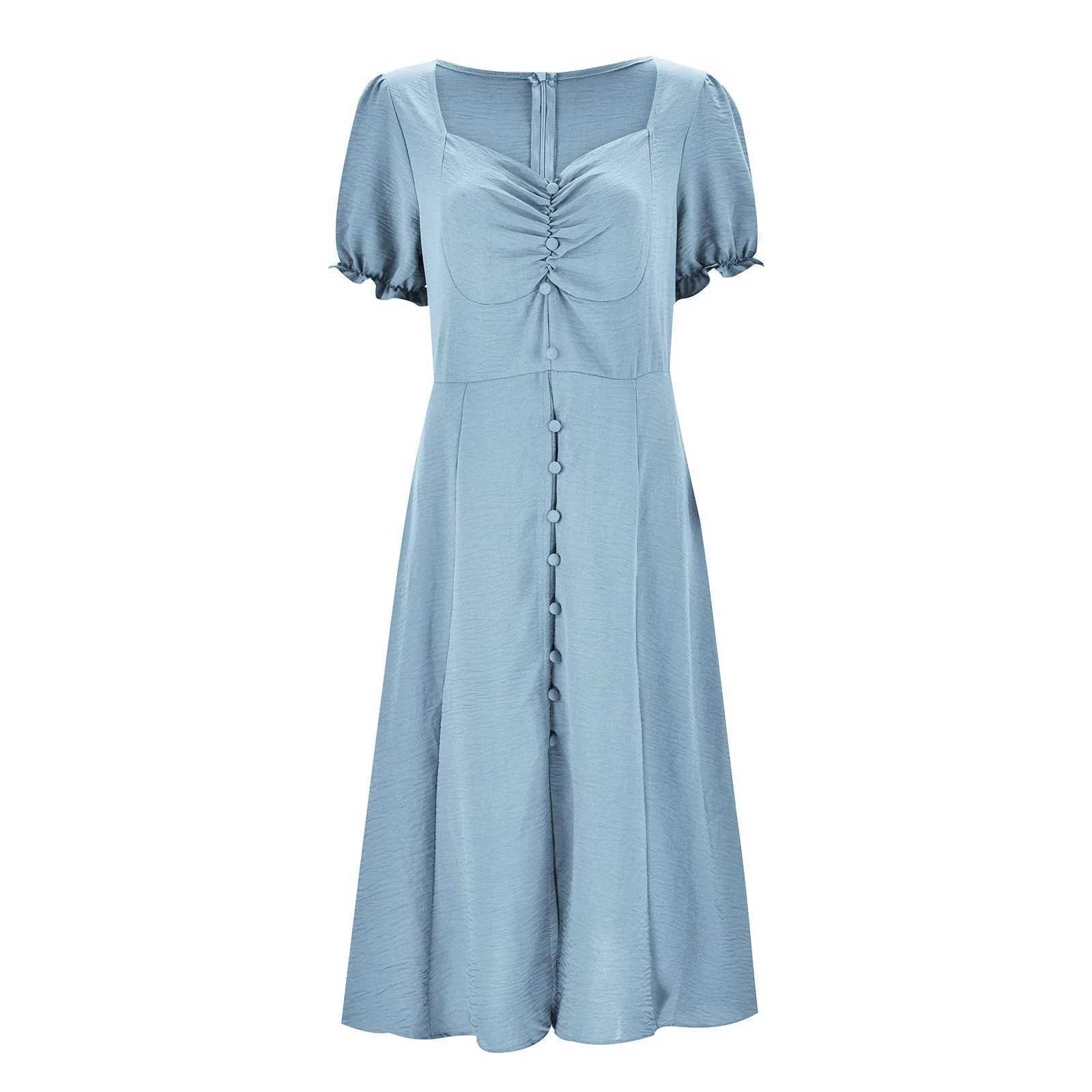 Slim Long Dresses Women Bodycon Button Up Square Neck Pleated Wrap Split Maxi Dress Summer Elegant Short puff Sleeve SundressXJ250514