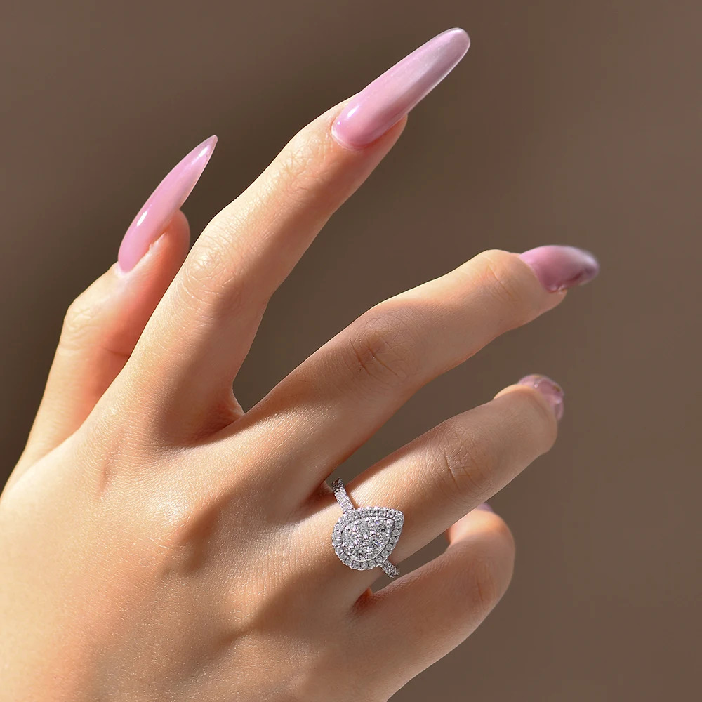 ATTAGEMS Round D VVS1 Diamond Pear-Shaped Rings for Women S925 Sterling Silver Engagement Bride Vintage Jewelry Gifts 250509