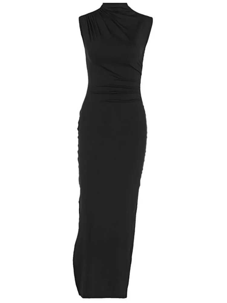 Sexy Slim Sleeveless Dresses Women Fashion Trendy Solid Color Folds Package Hip Bodycon Slit Dress Female Party Club DressesXJ250514