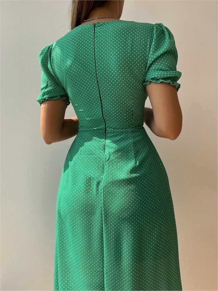 Dresses For Women 2024 Summer New V Neck Short Sleeve Single-breasted Midi Dress Elegant Holiday Casual Dresses Sexy Slit DressesXJ250514