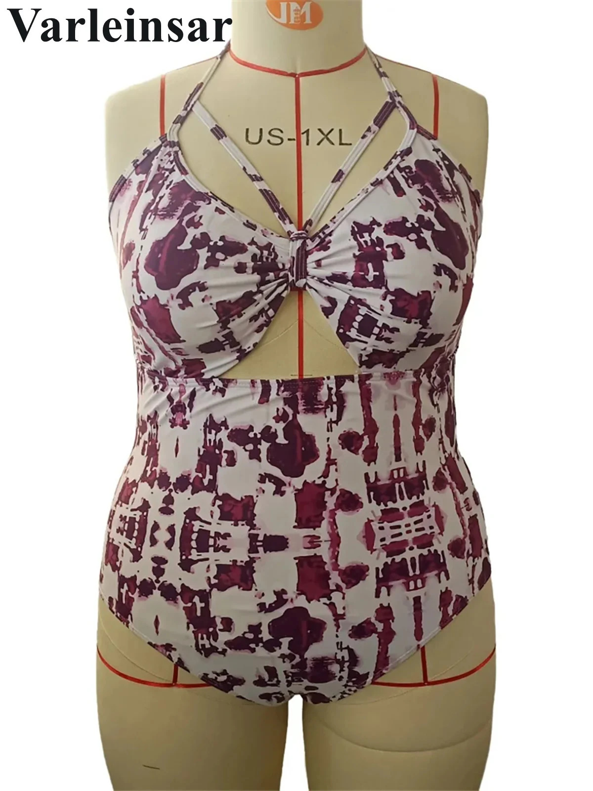 0XL - 4XL Printed Cut Out Halter Large Size Swimwear Plus Size One Piece Swimsuit Female Women Bather Bathing Suit Swim V6758 250509