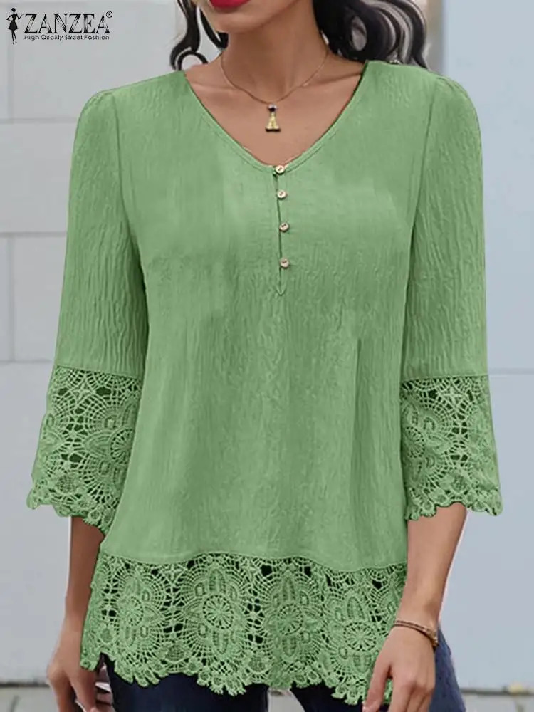 ZANZEA Korean Fashion Casual Blouses V Neck Solid Color Lace Patchwork 34 Sleeve Shirt Tops Autumn Elegant Women Blusas 250514
