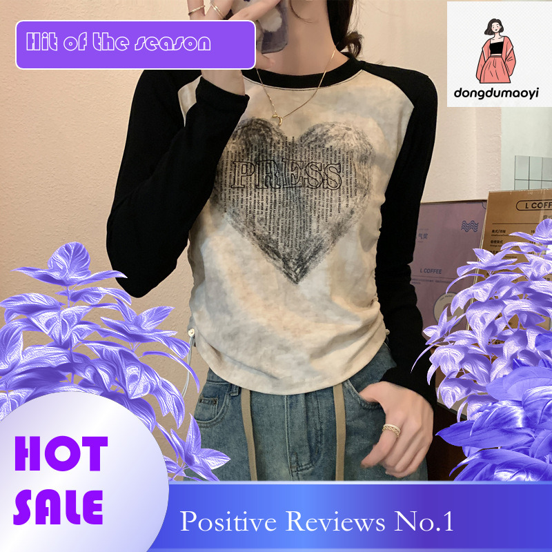 dongdumaoyi American style shoulder long sleeved T-shirt women in the spring of 2025, slim fit slimming new style, with base layer and a top for women