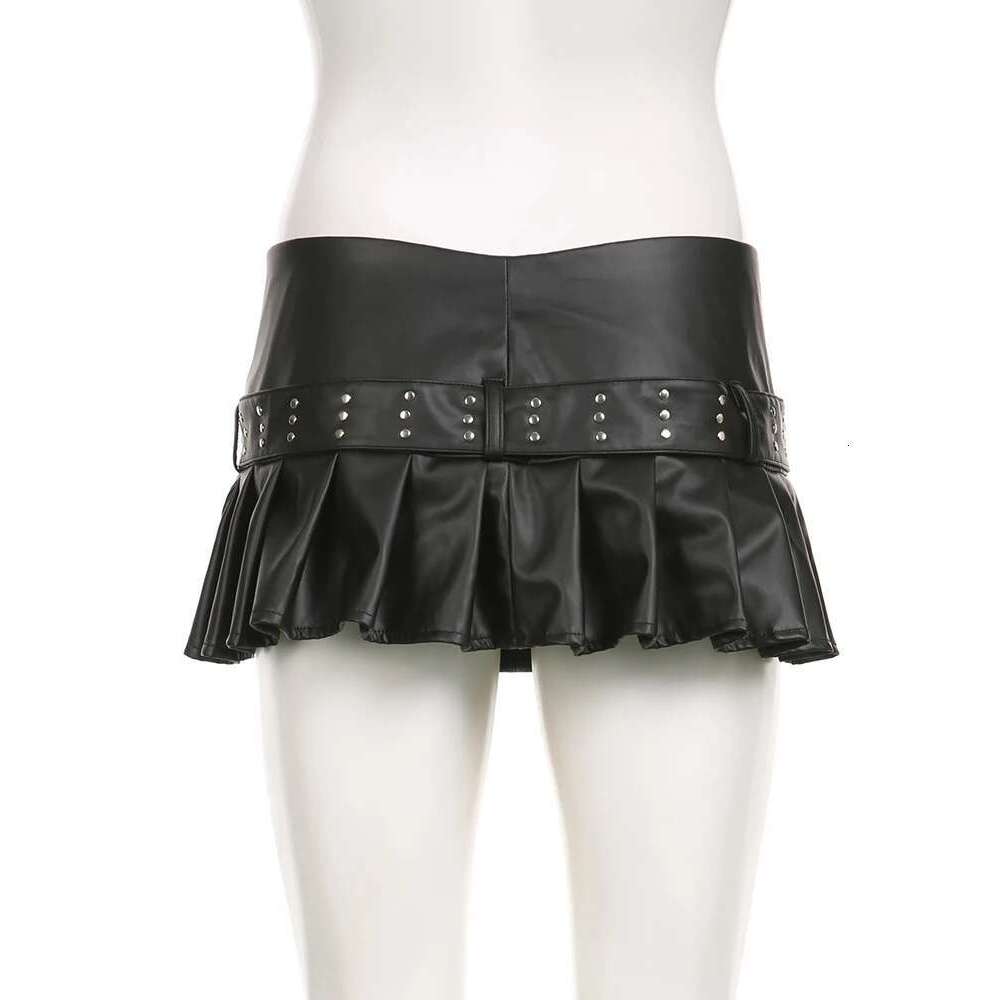 IAMSURE Sexy Slim A-Line Pleated Split Skirt With Sashes Solid Metal Buckle Low-Waisted Super Mini Skirts Women 2023 Summer