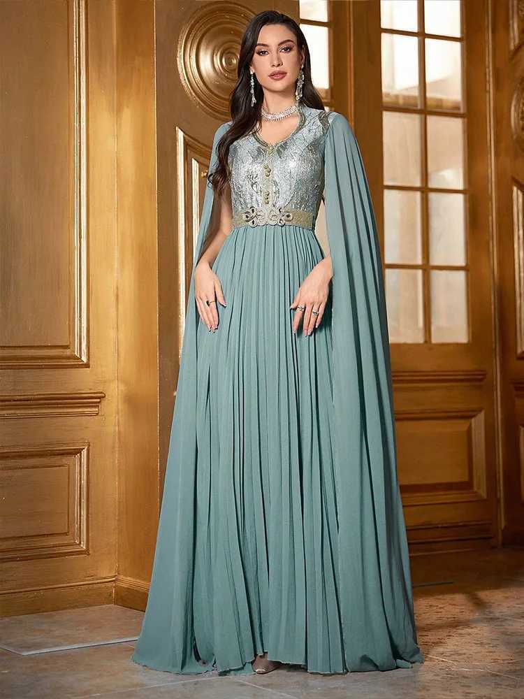 Dubai Women Evening Dress Chiffon Extra Long Cape Slve Belted Abaya Muslim Turkey Moroccan Caftan Kaftan Femme Party Vestidos X250514