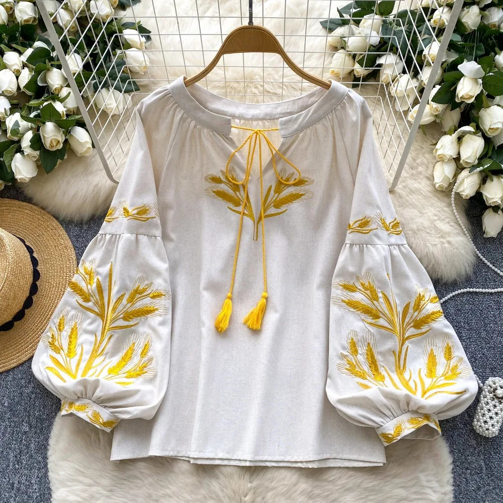 Neploe Vintage Heavy Ethnic Style Panelled Shirt Lace Up O Neck Embroidery Lantern Blouses Western Loose Casual All-match Blusas 250513