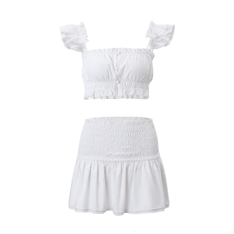 WhereMery Sexy Women Sets Slash-neck Ruffles Slip Tank Top With High Waist Elastic Pleated Skirt Elegant Party Club 2 Piece 250513